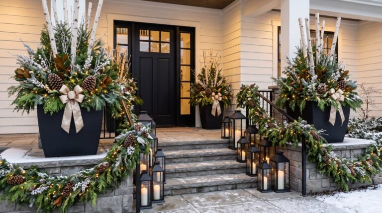 Sage Containers custom winter installation with oversized birch planters, railing garland and lanterns by Sage Landscape Maintenance in Thurston County, WA