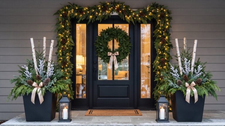 Sage Containers lit garland over a doorway with a wreath, two winter planters and two lanterns, installed by Sage Landscape Maintenance in Yelm, WA