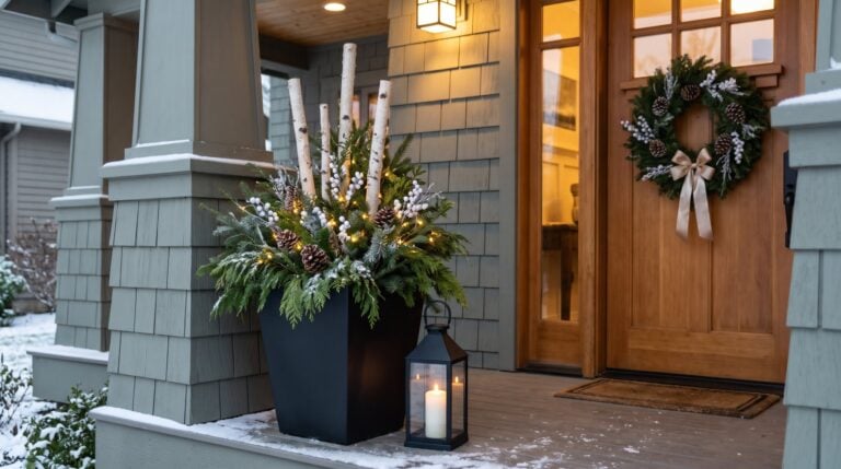 Sage Containers winter planter with birch poles, evergreens and a lantern beside a wreathed front door, installed by Sage Landscape Maintenance in Tumwater, WA