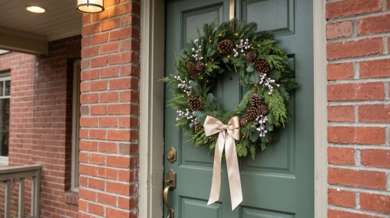 Sage Containers custom evergreen wreath with pinecones and a champagne bow installed by Sage Landscape Maintenance on a front door in Lacey, WA